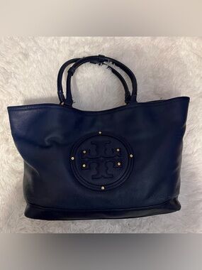 Tory Burch Karge Navy Leather Tote with Logo Medallion and Gold Accents